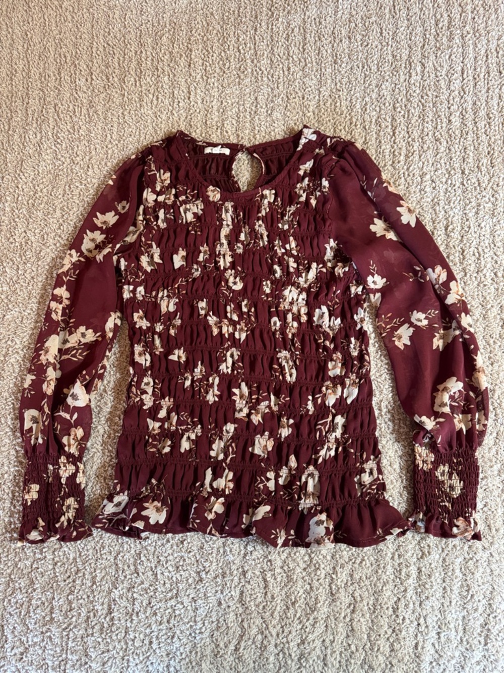 Maurices Burgundy Floral Smocked Long Sleeve Blouse